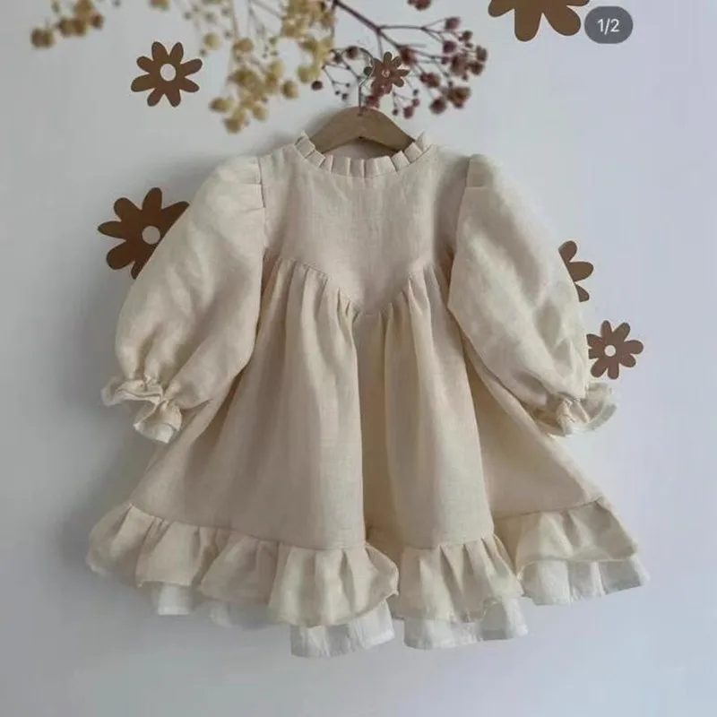

Spring Toddler Big A-line Girls Dress Linen Dress for Girls Puff Sleeve Princess Kids Clothes Patchwork Dresses 3-14 Year