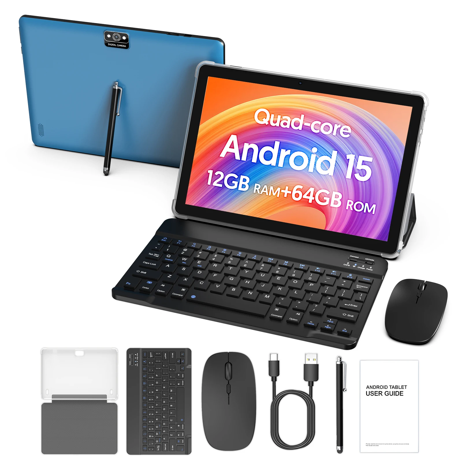 

10-inch Android 15 Tablet, Quad-core/12GB RAM/64GB ROM/800GB Expansion/Wi-Fi 6/Type-C Charging/Dual Cameras/6000mAh Battery