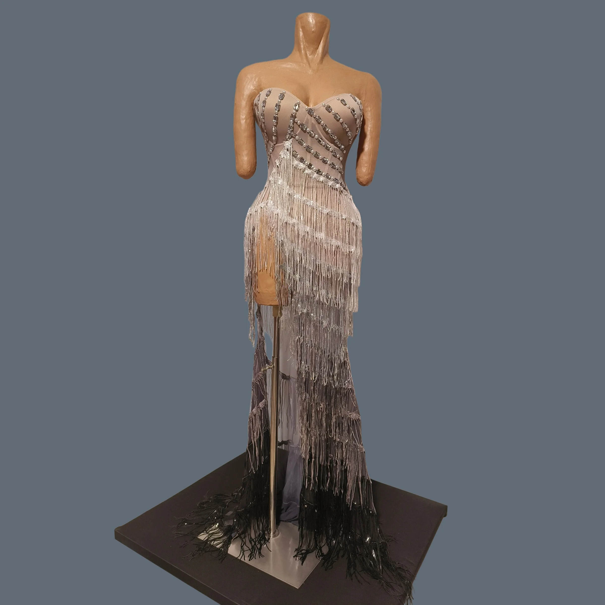 Strapless Rhinestone Gradient Tassel Mermaid Gown Women High Slit Mesh Maxi Dress Club Singer Stage Performance Outfit Shenchen