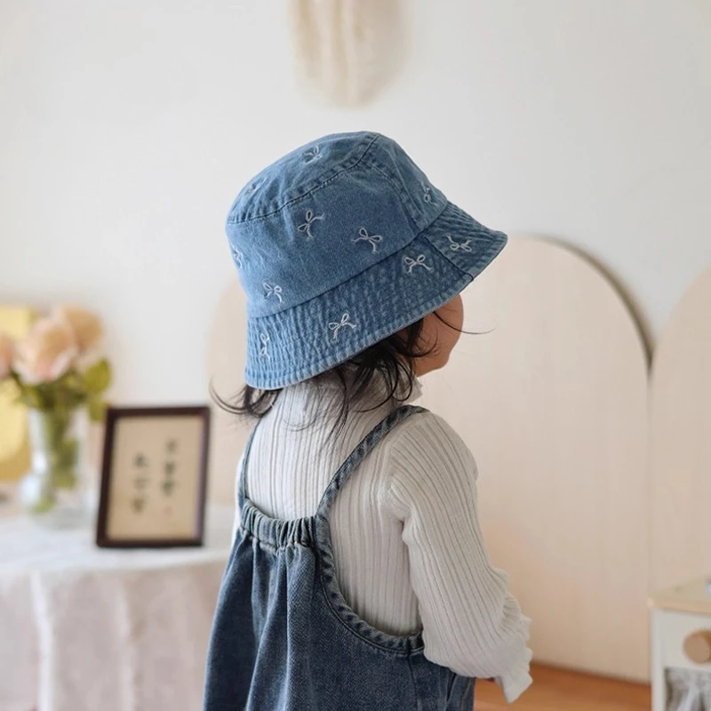Girls' Fisherman Hat: Spring Autumn, Stylish Bowknot, Denim, Sun Protection, Sunshade, Toddler Bucket Hat