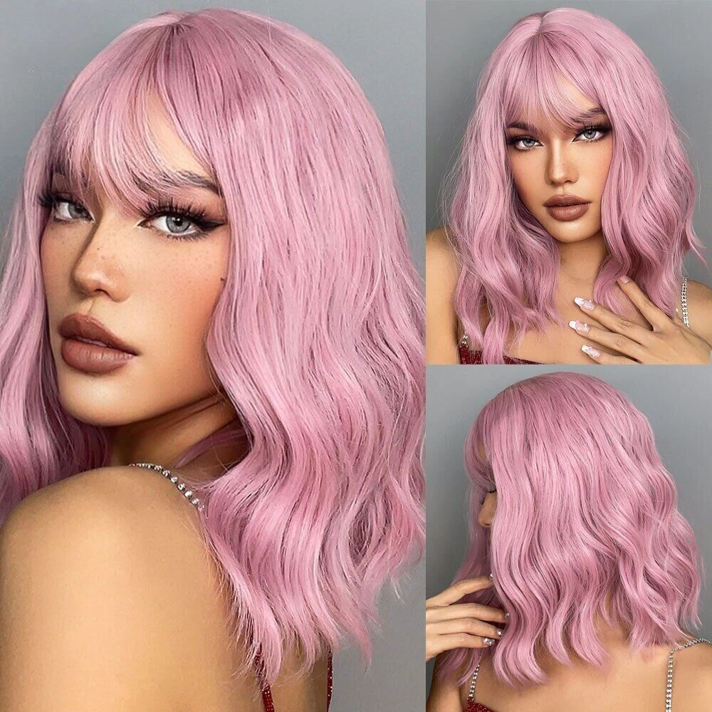 

Short Wavy Wigs with Bangs Natural Pink Bob Wig for Black Women Lolita Synthetic