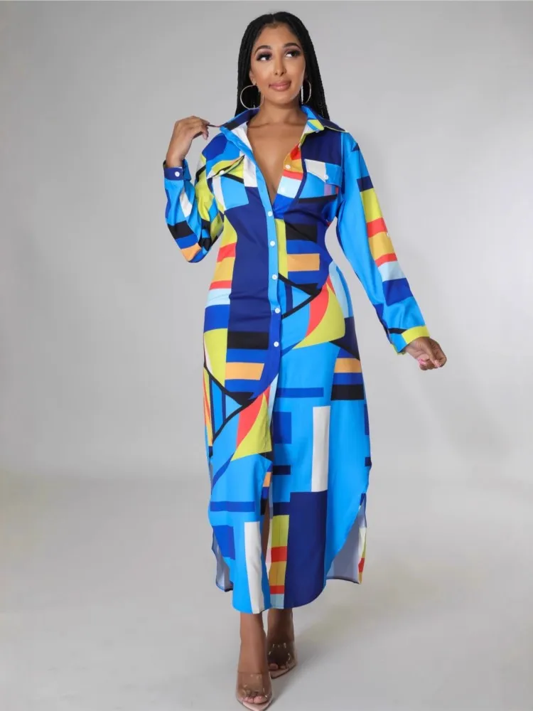 Abito camicia lunga irregolare stile spiaggia casual nuova moda autunnale elegante stampa manica lunga bottoni abiti da festa da spiaggia veste femme