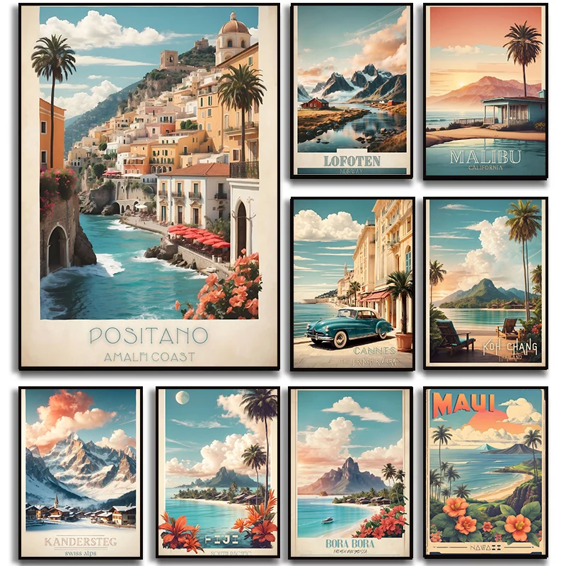 Worldwide Vintage Travel Series Poster Print Canvas Painting Art Pictures Home for Living Room Wall Decor Frameless Painting