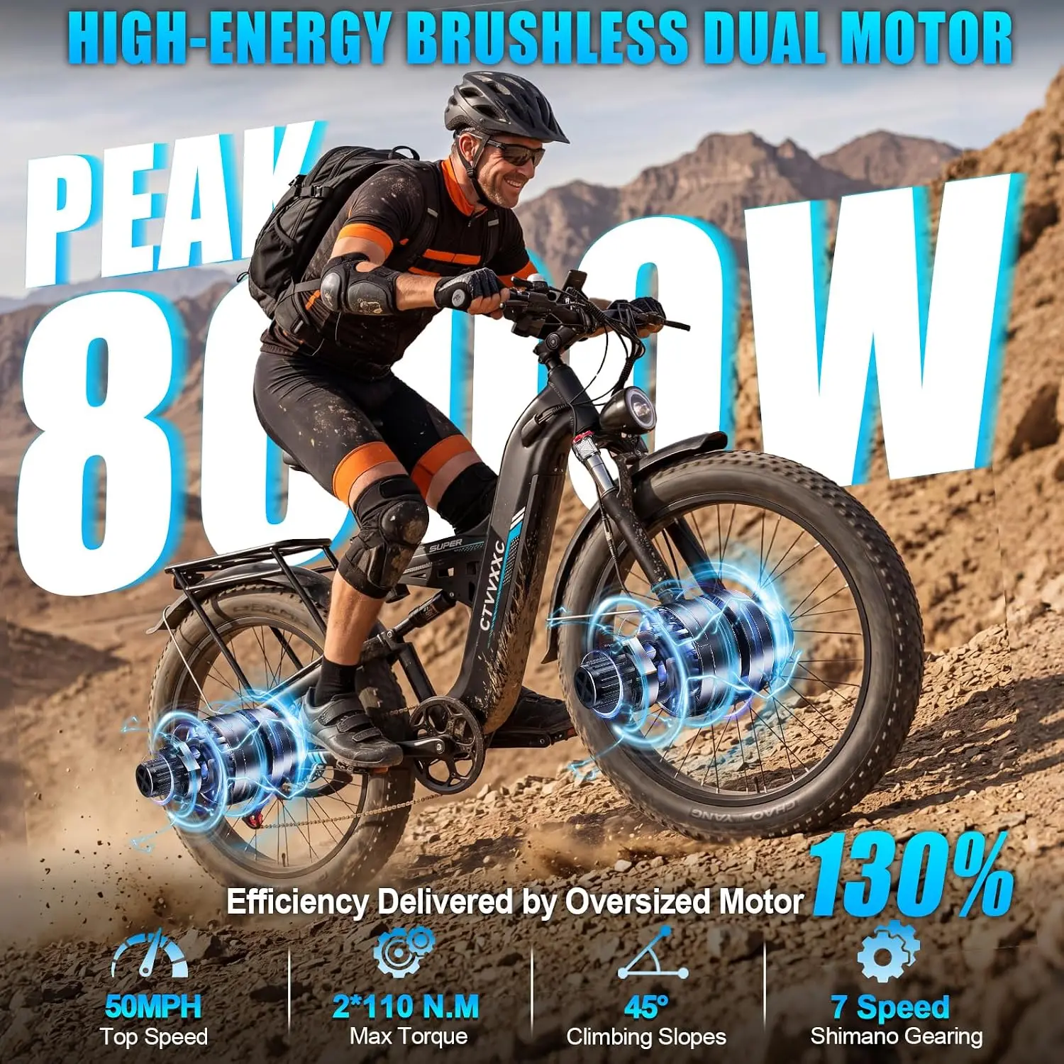 8000W Peak Dual Motor Electric Bicycle, 48-50MPH Fast Off-Road Ebike, 26 Inch Fat Tire All Terrain Mountain Hunting, Customized