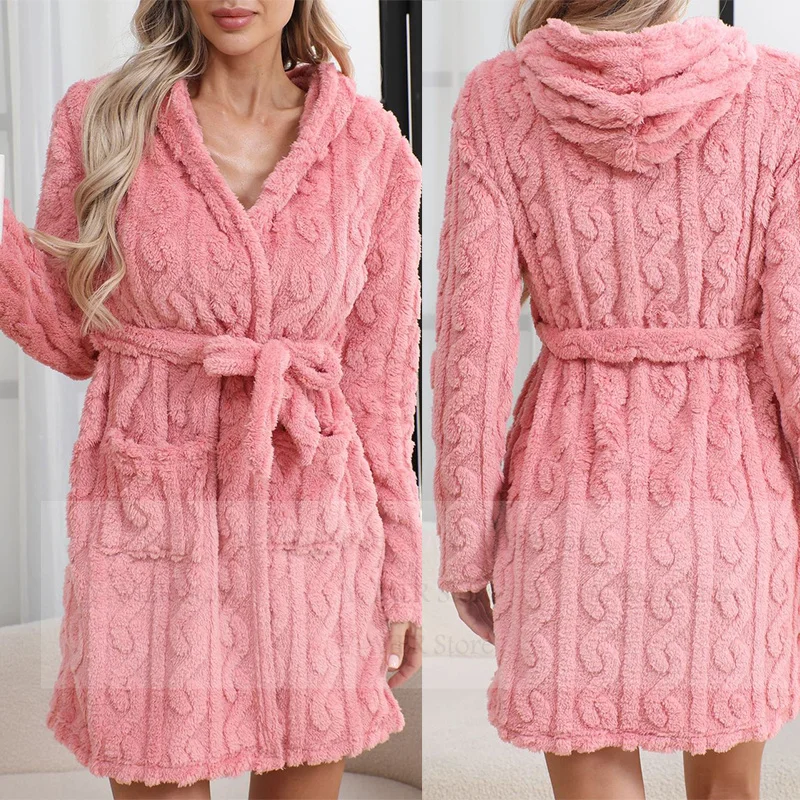 

Pink Hooded Robe Short Kimono Gown Sexy Intimate Lingerie Sleepwear Warm Coral Fleece Bathrobe Nightwear Sexy Home Clothes