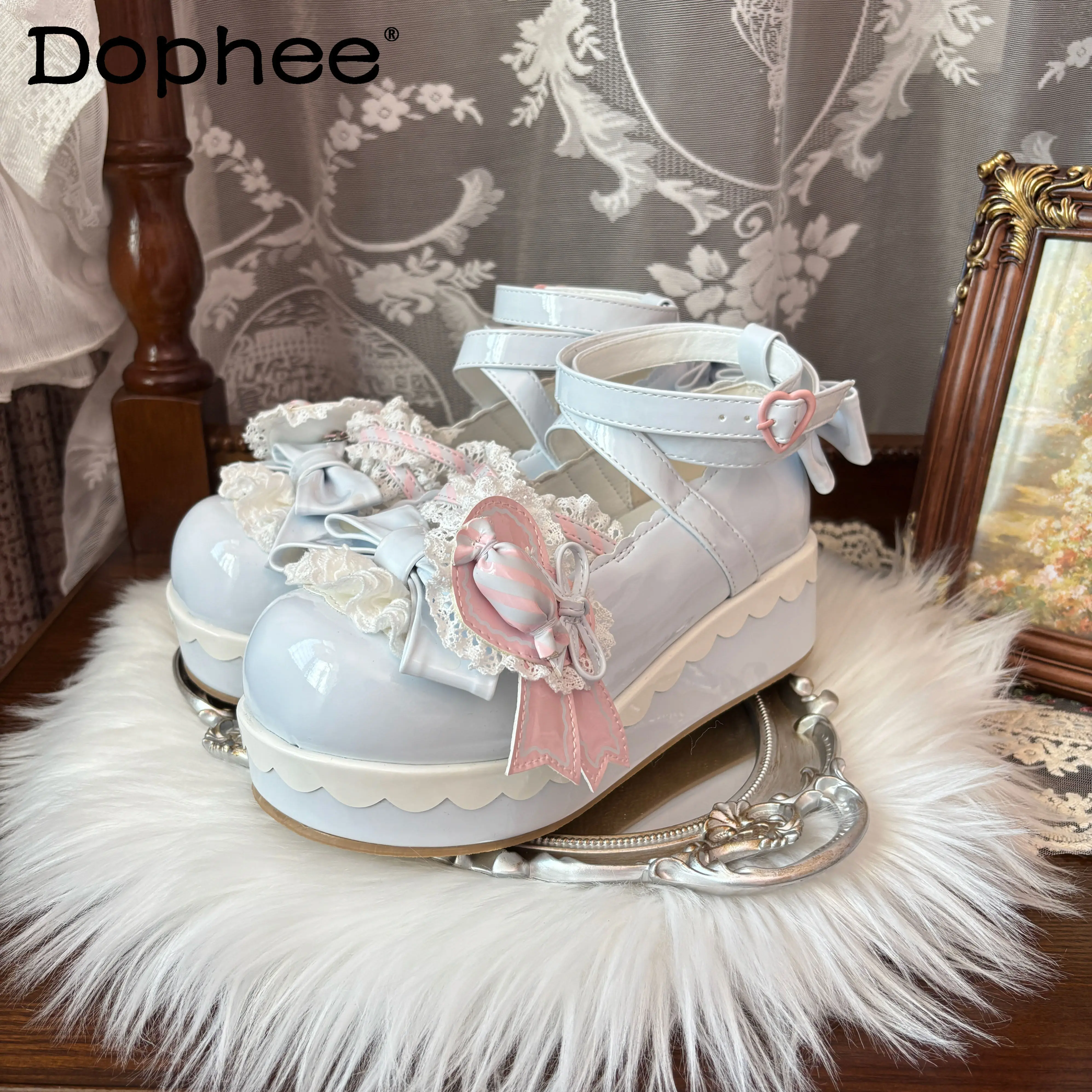 

Japanese Style Kawaii Lolita Shoes Spring and Summer Cute Girl's Sweet Elegant Bow Candy High Heels Pumps Lo Mary Jane Shoes