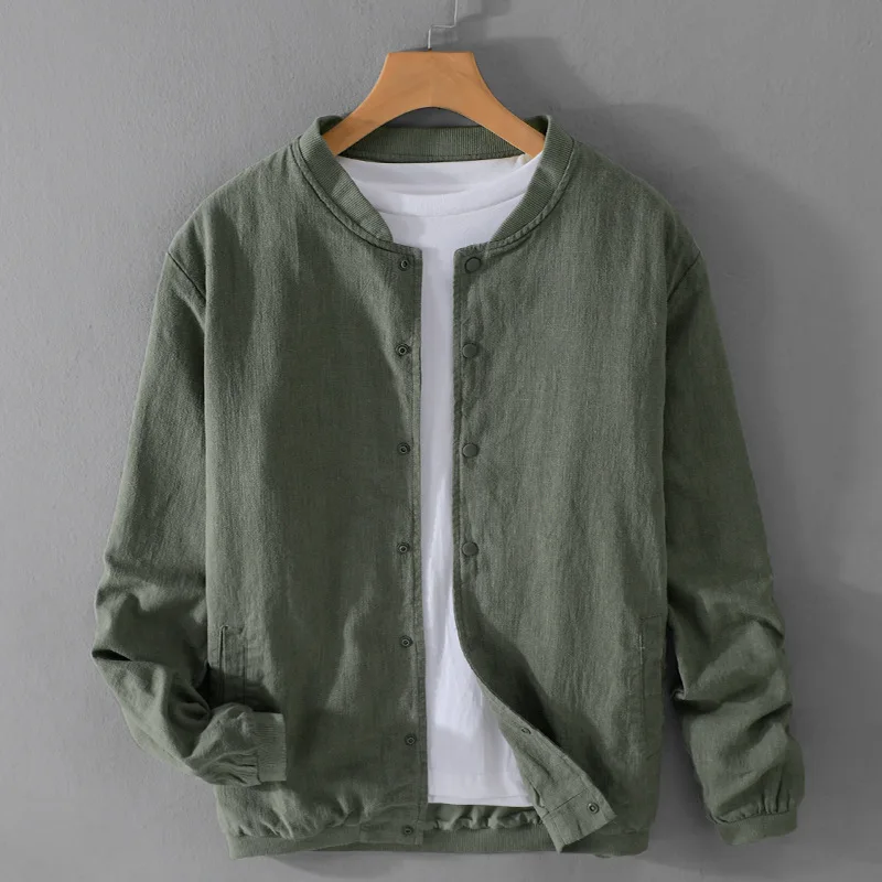 Men's Spring Autumn Clothing Linen Jacket, Cotton and Linen Men's Jacket, Simple Stand Collar Casual Loose Travel Camping Top