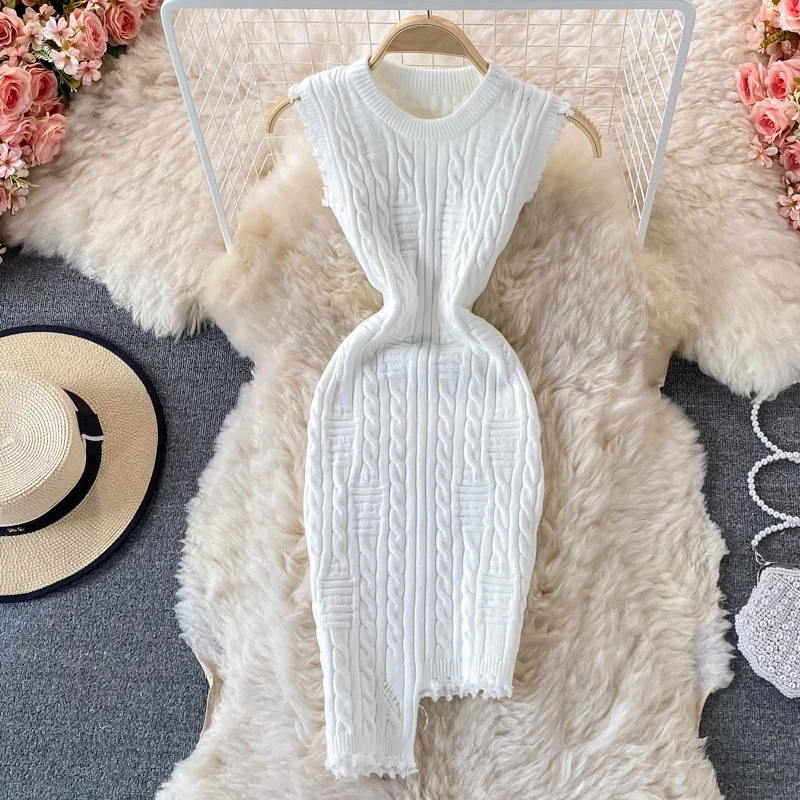 New Design Twist Knitted Bodycon Dress Women Solid O-neck Sleeveless Tassels Irregluar Slim Stretch Bandage Mini Sweater Dress