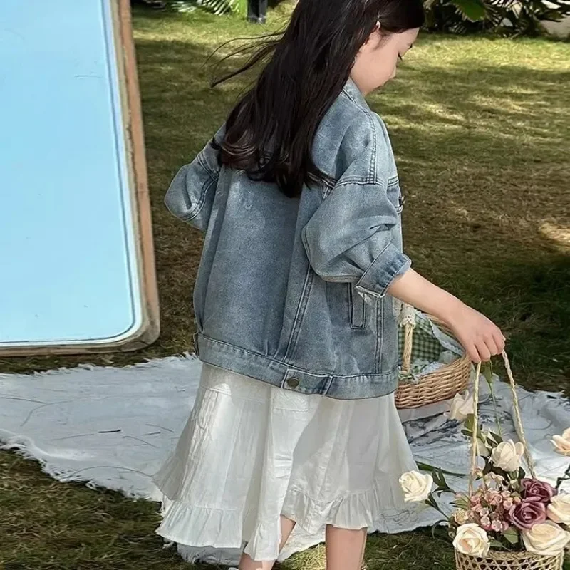 110-160cm Girls Casual Denim Jacket Spring and Autumn New Children's Fashion Jacket Korean Version Baby Loose Coat