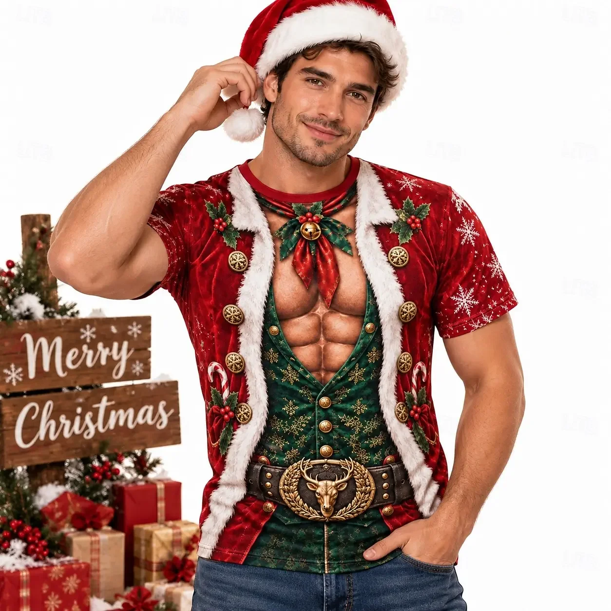Unisex Couple Funny Santa 3D Print Christmas T-Shirt,Fake Muscle Bust Pattern Short Sleeve Top,Family Xmas Holiday Party Costume