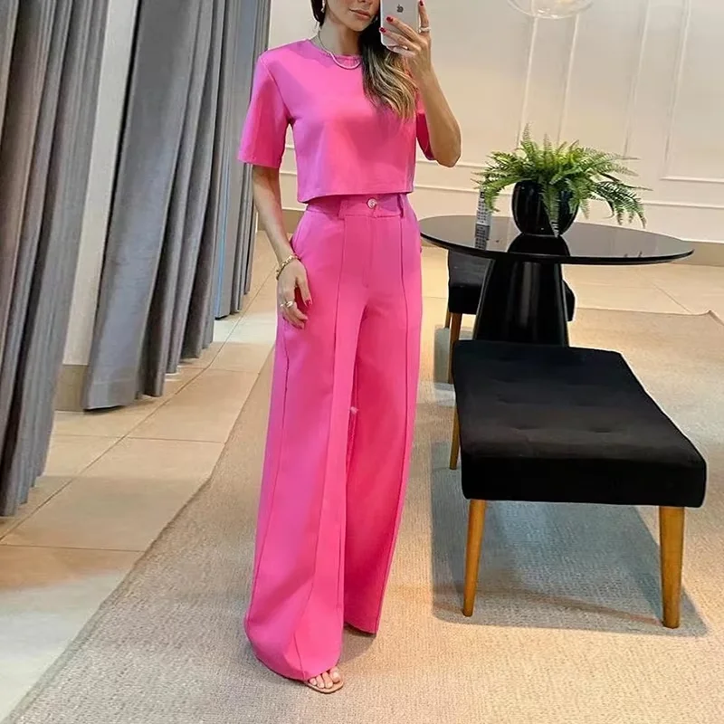 Summer New Sets For Women Fashion Solid Color Casual Wide-leg Pants Short Sleeves Blouses Suits Elegant Commuting Office Outfits