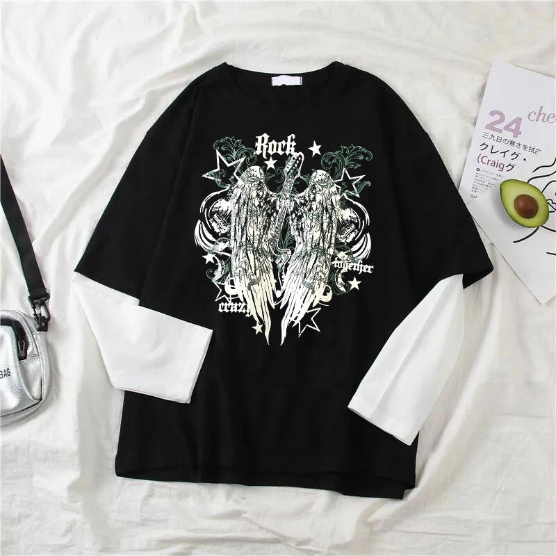 Women's Gothic Punk Creative Guitar with Wings Print Black T-shirt Retro Harajuku Aesthetic Versatile Streetwear Top Y2K Fashion