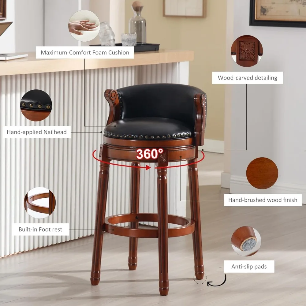مقاعد جلدية دوارة مع مسند للقدمين: جلد أسود محبب بالكامل وقاعدة خشبية للمطبخ وتناول الطعام وغرفة المعيشة #5