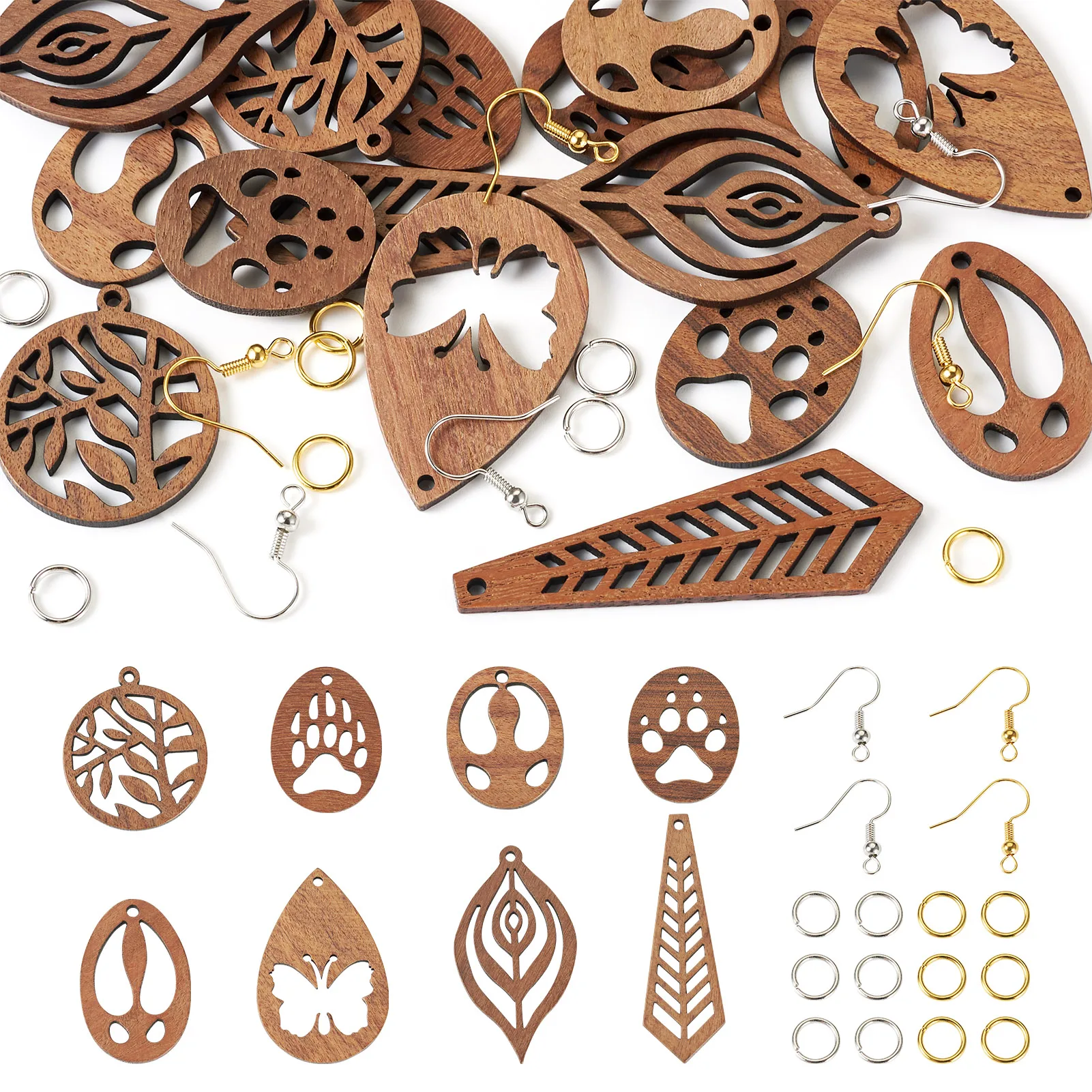 1Set DIY Wood Dangle Earrings Making Kits Mixed Shapes Coconut Brown for Making DIY Jewelry Earring Eardrop Accessories