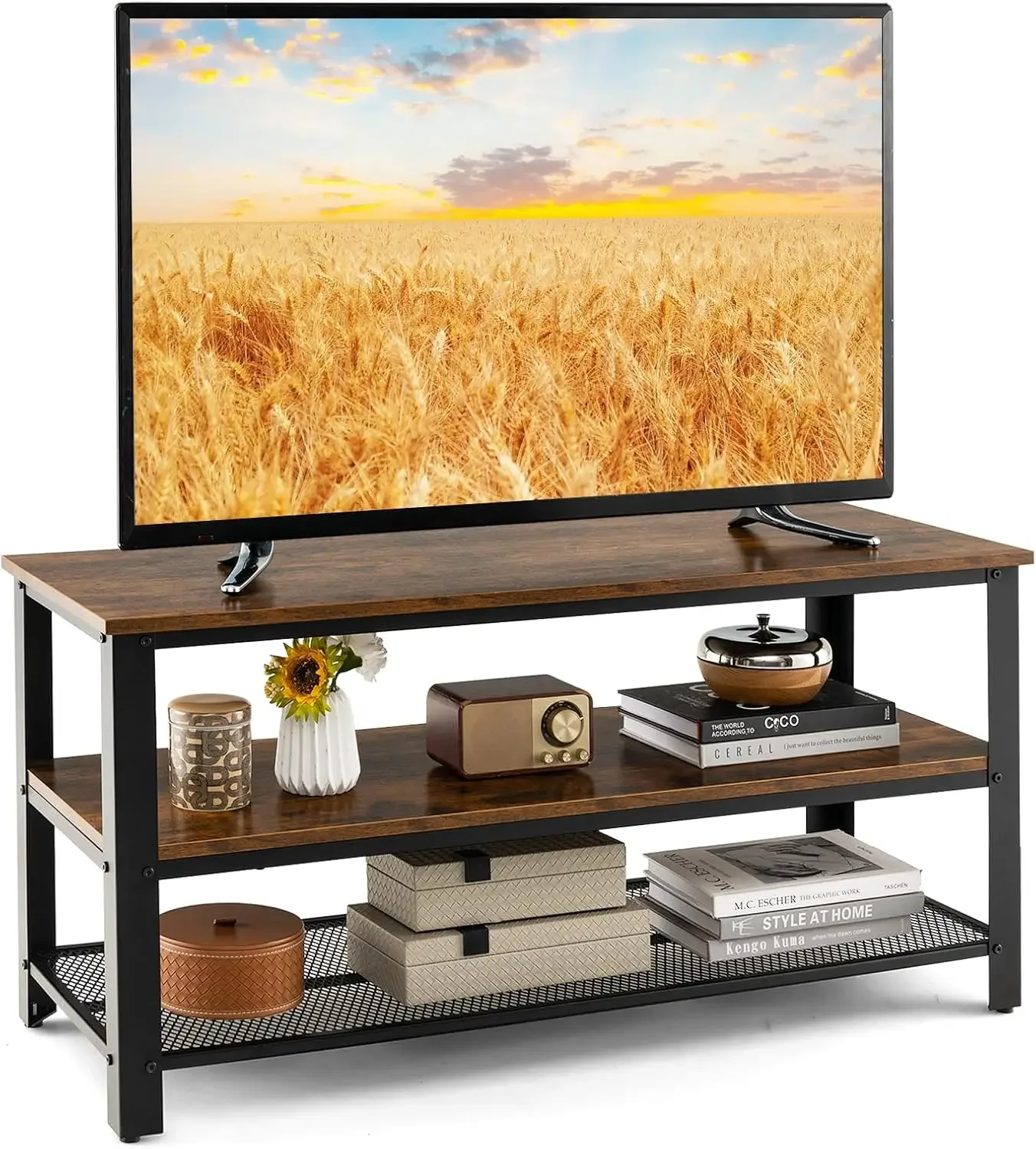 Small TV Stand for TVs up to 50 inch, 43.5” Wood Media Entertainment Center w/ 3-Tier Open Storage Shelves, Metal Frame