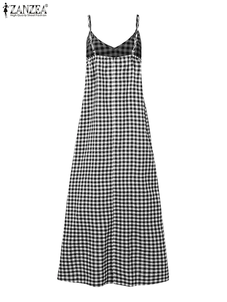 Sukienka damska ZANZEA w kratę, rozmiar plus size 5XL, długa, letnia, bez rękawów, na imprezę, Vestidos, falbanki, vintage, dekolt w serek, styl bohemy, maxi, sukienka letnia 2025
