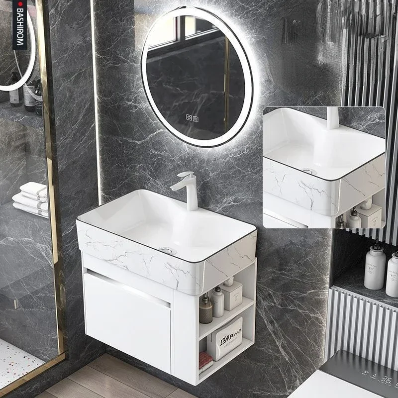 Mini armoire de salle de bain minimaliste avec rangement latéral, lavabo intégré en céramique, meuble de salle de bain avec évier, meubles de salle de bain