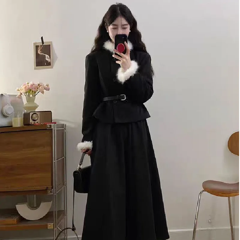 

Korean Elegant Double-Breasted Fur Collar Women's Outfit Autumn Winter High Waist Skirt Set Luxury Style Long Sleeve round Neck