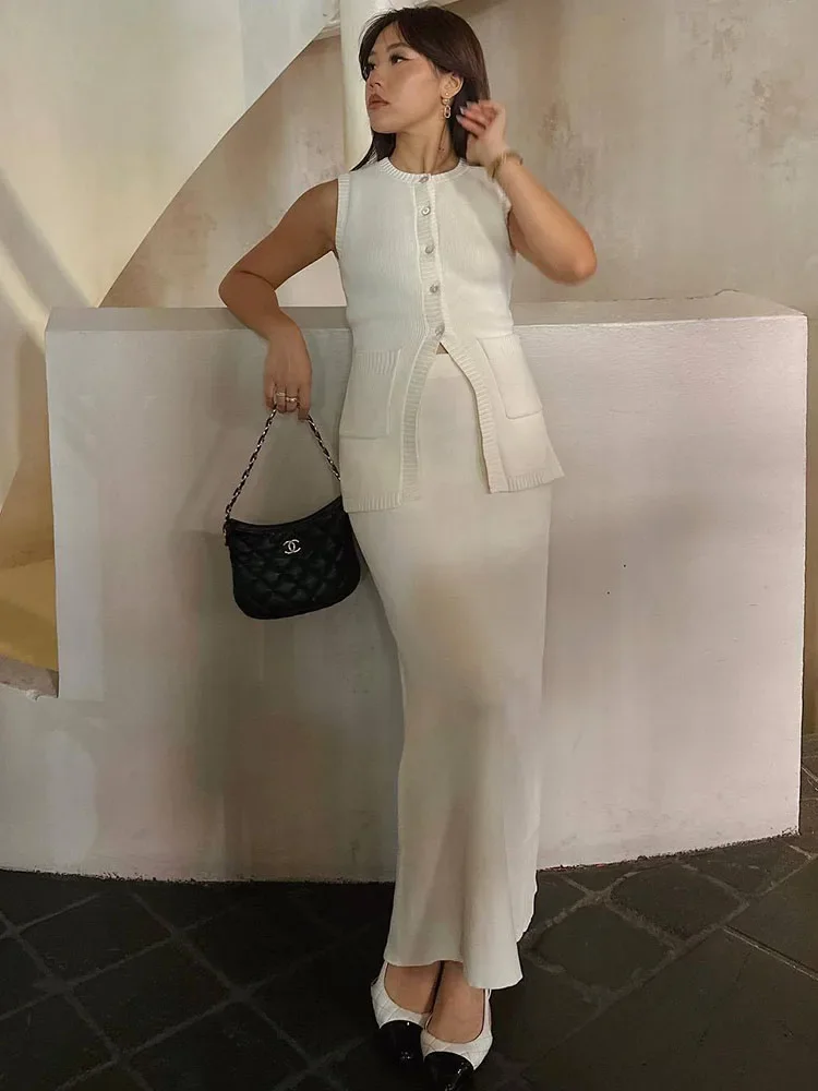 

Elegant Knitted Slim Skirt Suit Women's Suit 2 Fashion Solid Color High Waist Slit Vest Casual Sleeveless Long Skirt Suit