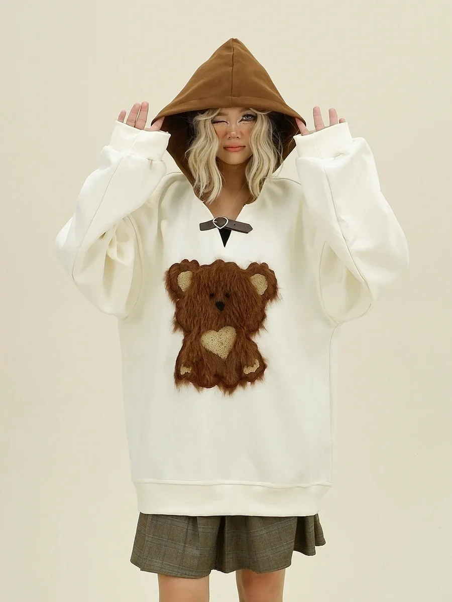 Dopamine Plush Bear Hoodies 2024 Autumn New Loose Bf American Trendy Top Women