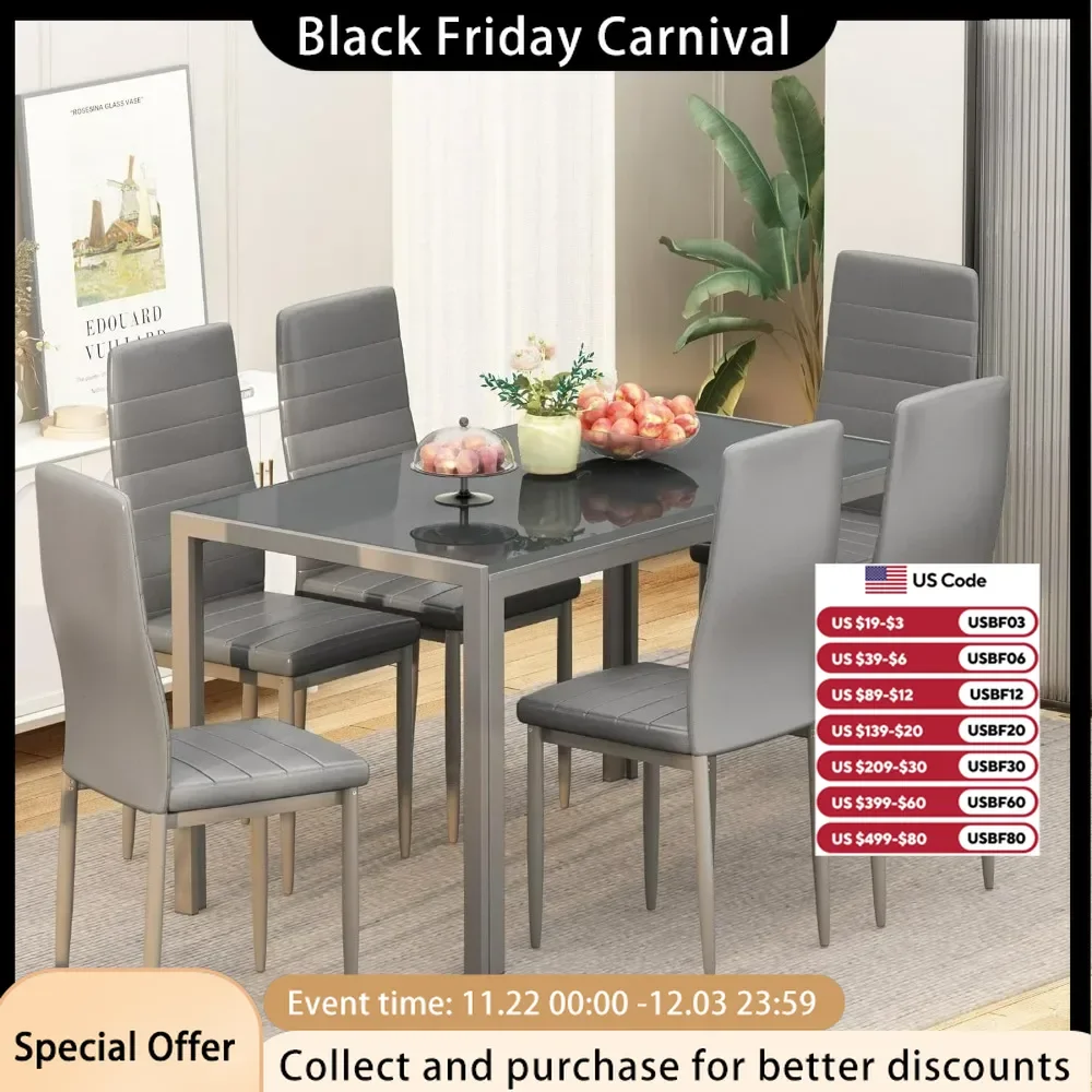 7-częściowa kuchnia dla 6 osób, stół ze szkła hartowanego i krzesła ze skóry PU Nowoczesne zestawy do jadalni na małą przestrzeń, zestaw stołów do jadalni