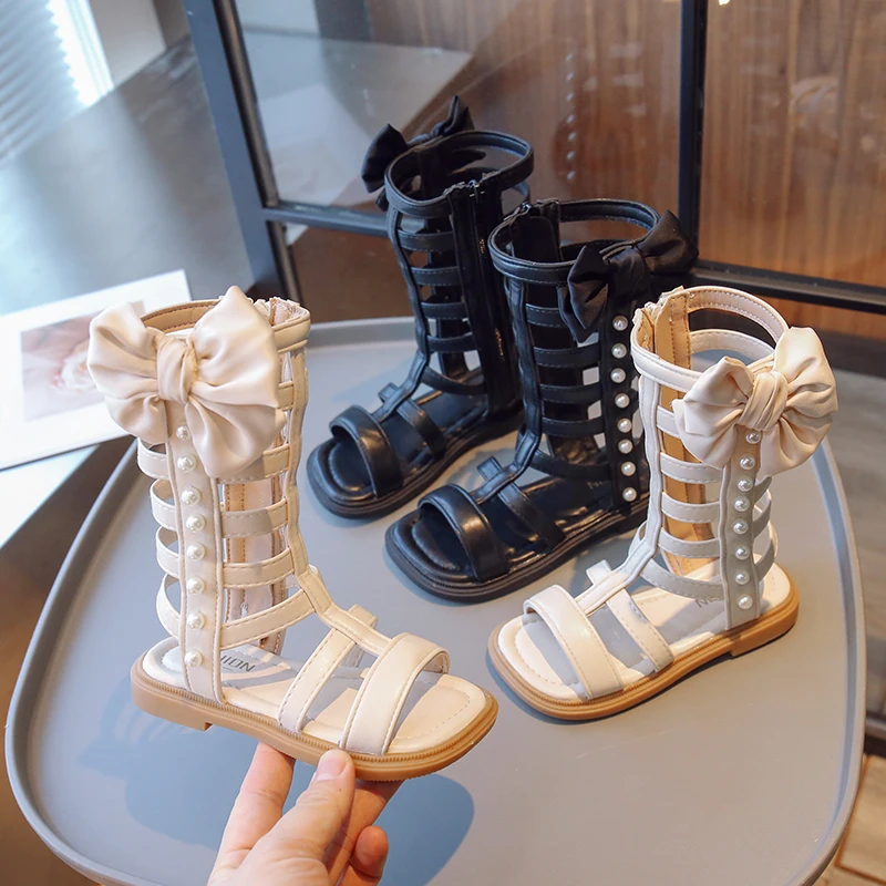 Girls Gladiator Sandals with Bow-knot Kids Fashion Hollow Pearls Princess Shoes Summer Children High-top Sandals Leather Hot