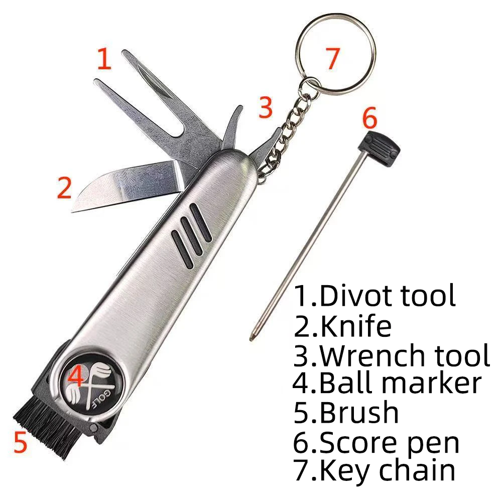 

Мультиинструмент для гольфа 7-в-1: инструмент Divot, нож, шариковый маркер, щетка | Нержавеющая сталь | Аксессуар для гольфа в подарок