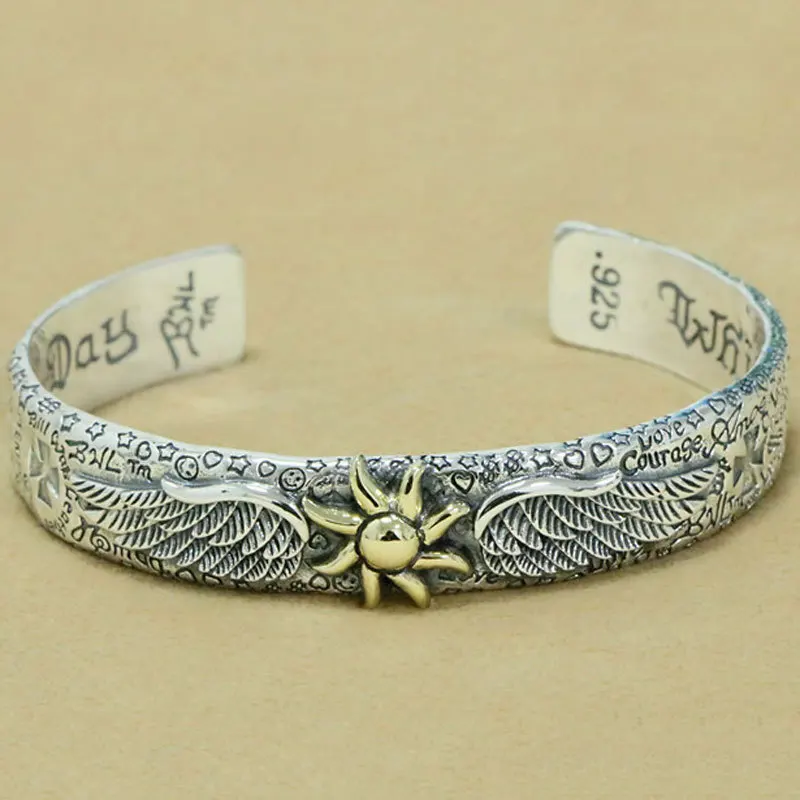 

Pure Silver Graffiti Sunflower Bracelet for Men Wide Face Hip Hop Trendy Personality Jewelry Cool Street Silver Bracelet