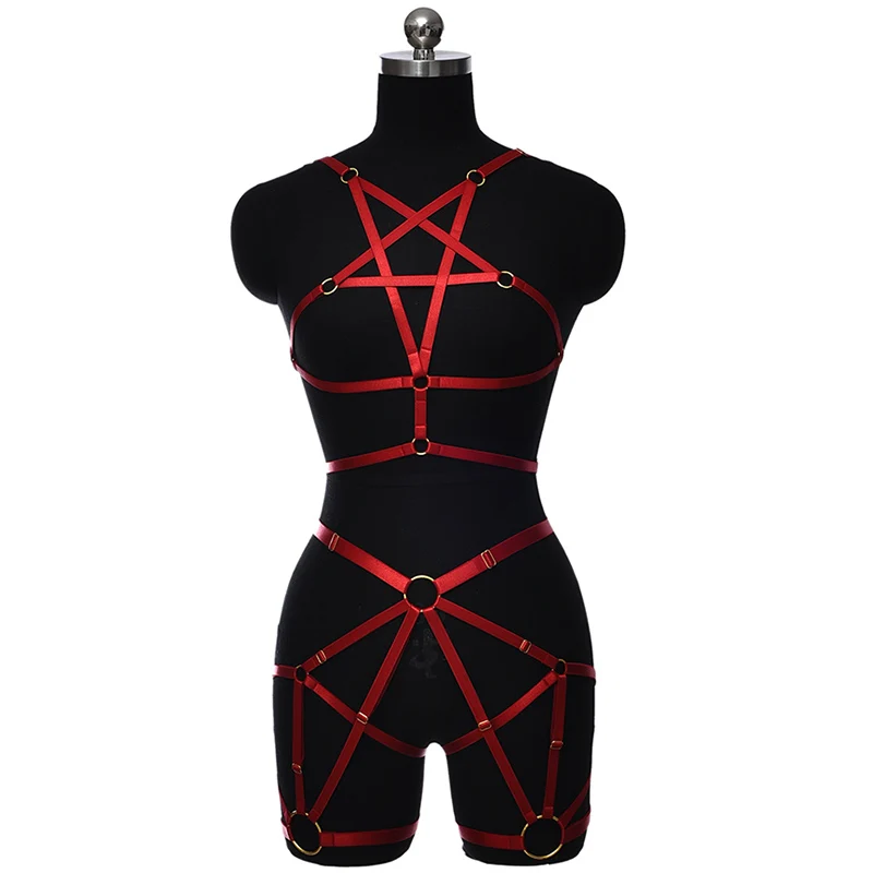 

Red Pentagram Underwear Body Harness Set Bondage Gothic Sexy Lingerie Cage Bra Elastic Adjust Harness High Waist Garter Belt