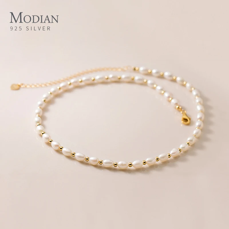 MODIAN Echt 925 Sterling Silber Natürliche Süßwasser Perle Charme Halskette Choker Kurze Halskette Schmuck Hochzeit Zubehör