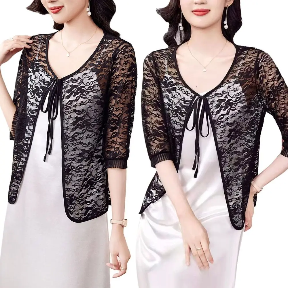 Lightweight Tie Up Summer Women's Cardigan Floral Lace Beach Air-Conditioning Shirt Breathable Sun Protection Clothing for Women