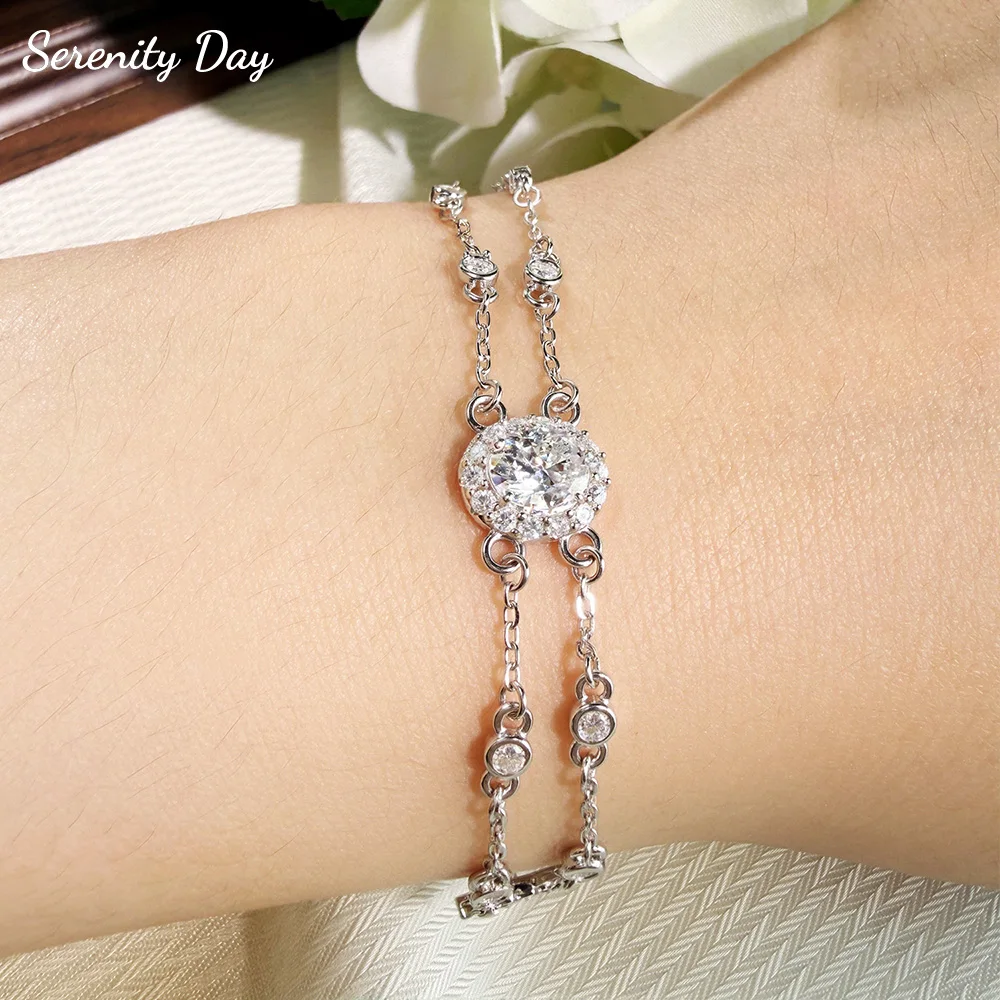 

Браслет из муассанита овальной огранки 1 карат для женщин и девушек, подарок, 100% цельное серебро, двойная цепочка, сверкающий браслет с лабораторными бриллиантами, ювелирное украшение