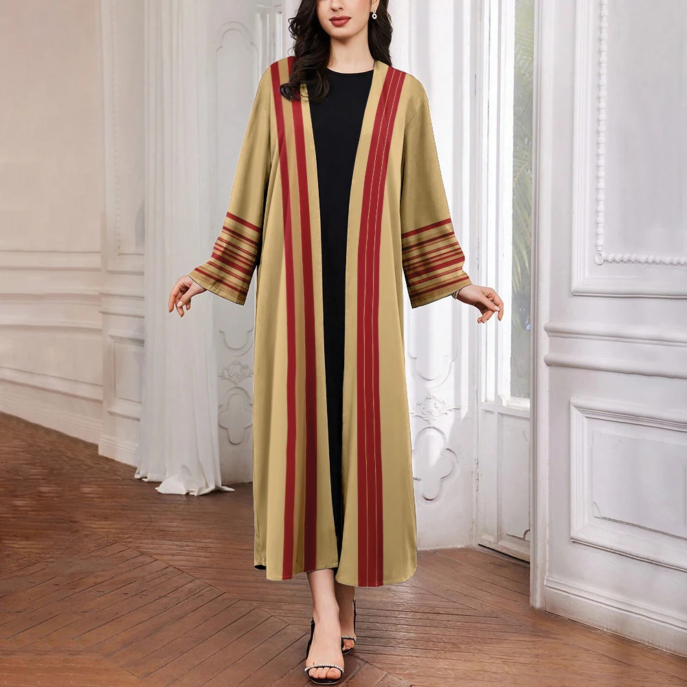 2024 New Women's Fine Striped Texture Print Long Sleeve Dress Summer Party Evening Dress Ladies Elegant Home Casual Long Gown