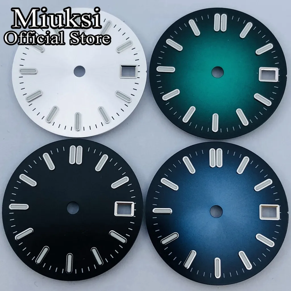 Miuksi 29mm sterile dial black blue green silver watch dial luminous fit NH35 movement fit 3 o\'clock crown 3.8 o\'clock crown