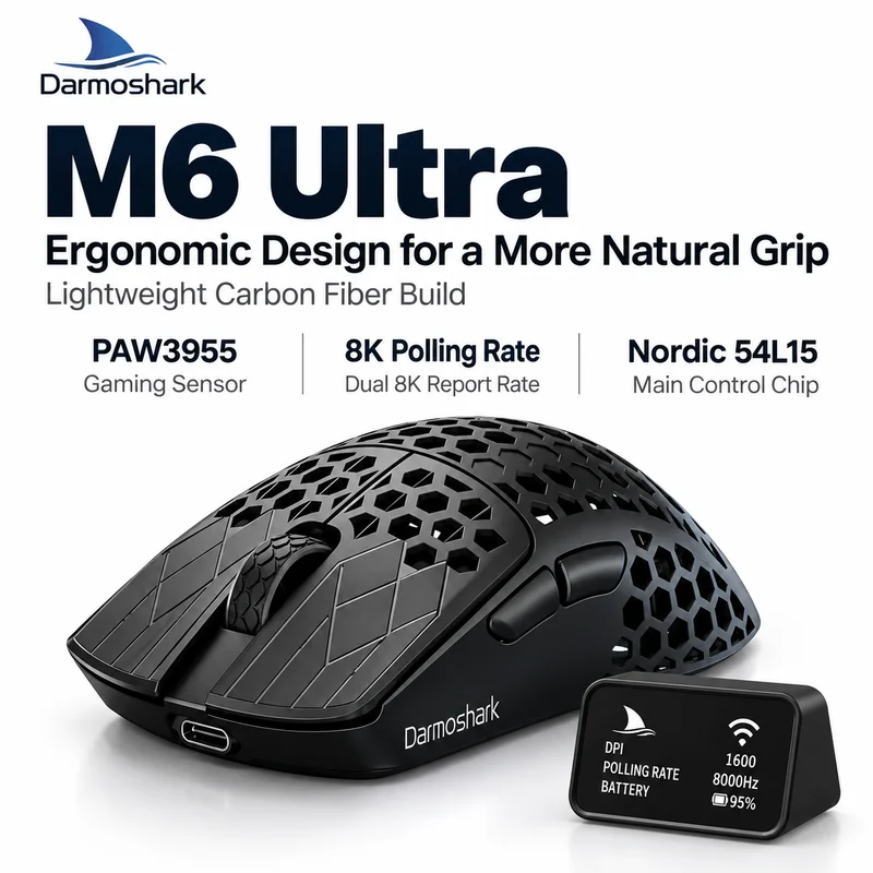 Darmoshark M6 カーボンファイバー製 ワイヤレスゲーミングマウス PAW3950搭載 デュアル8K DPI 30K 軽量39g Bluetooth/有線接続対応 トリモード ゲーム/オフィス用マウス