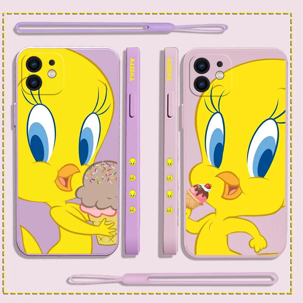 Cartoon Cute Tweety Bird Piolin Phone Case For iPhone 15 14 13 12 11 Pro Max Mini X XR XS SE 2020 8 7 Plus 6S Plus With Lanyard