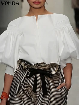 Taglie forti VONDA Camicetta elegante da donna Camicie casual con maniche a quarti lanterna Bottoni tinta unita Girocollo Blusas Top da ufficio da donna