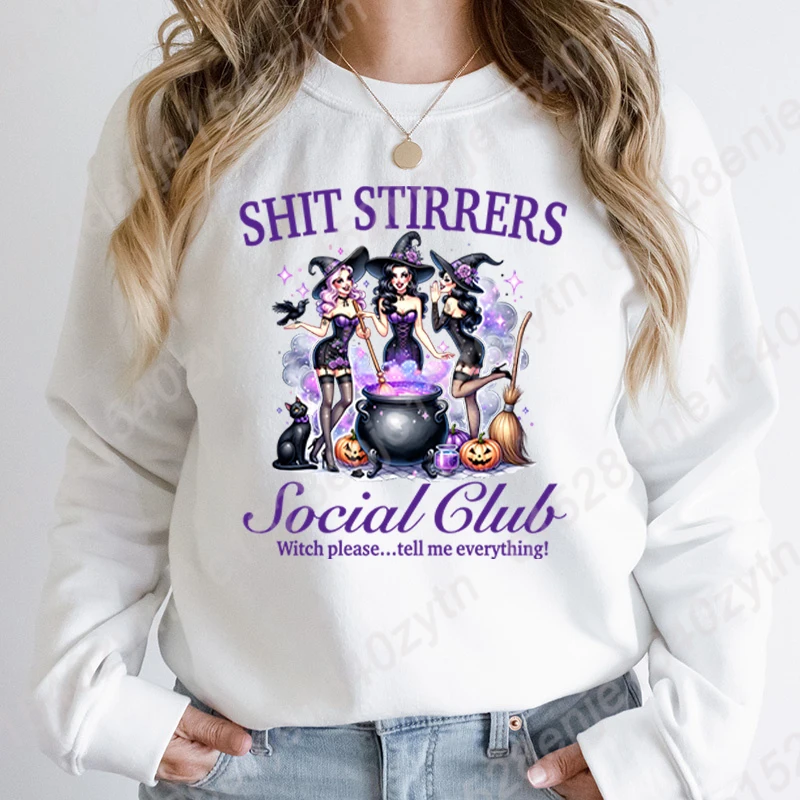 Sudaderas sin capucha de cuello redondo para mujer, jerséis de Color puro con estampado de Club Social, Stirrers de pesadilla de brujas de Halloween, Otoño e Invierno