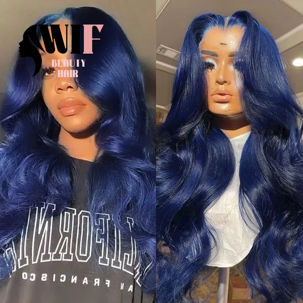 Wif-peruca sintética ondulada do corpo azul escuro para mulheres, cabelo longo ondulado, cosplay, linha fina natural, perucas dianteiras do laço, fibra do calor, azul