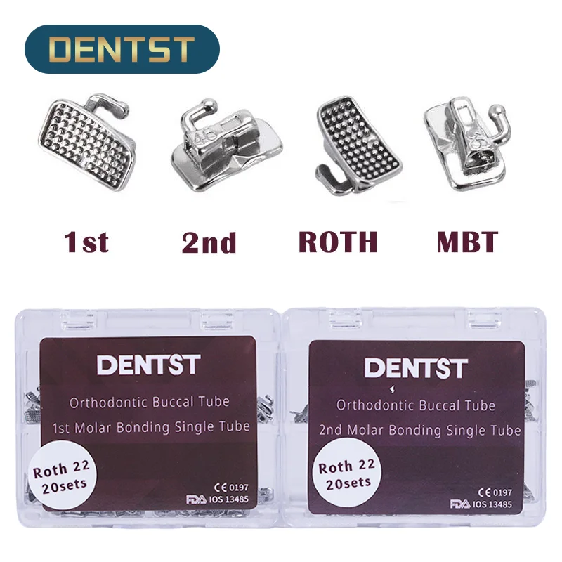 20Sets/80pcs Dental Orthodontic Buccal Tube Dental 1st 2nd Molar Bondable Monoblock Non-Convertible Tube 0.022 Roth MBT