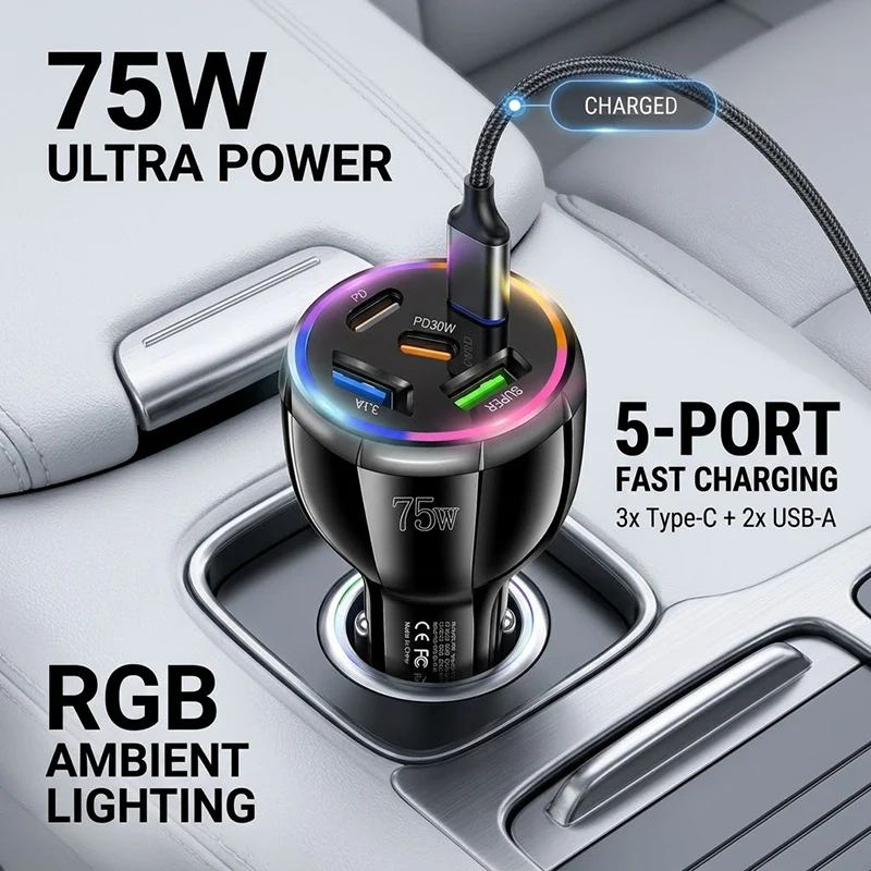 75W Multi-Port Car Charger Adapter with RGB Light PD 30W Fast Charging 3 USB-C 2 USB-A Ports Multiple Protections For iPhone 17