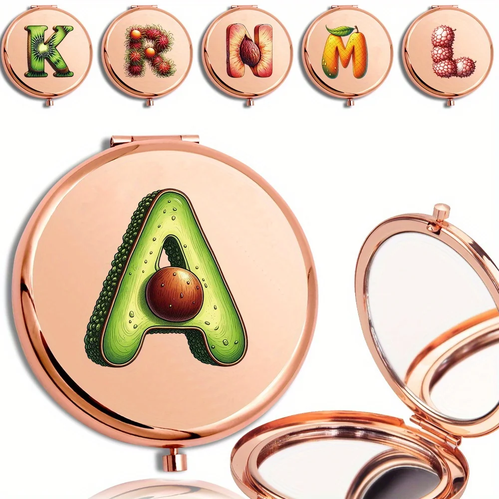Runder Make-up-Spiegel aus Metall, kompaktes Hand-Beauty-Tool, langlebig, hochauflösender doppelseitiger Spiegel mit Obst-Buchstabenmuster