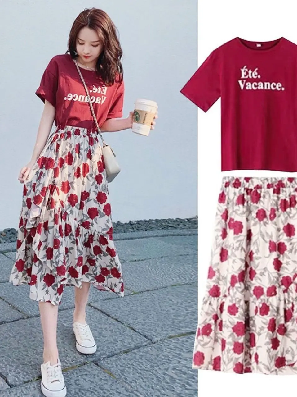 

Elegant Floral Print Women's Dress Set Spring Summer Casual Style High Waist Short Sleeve round Neck Two-Piece Suit