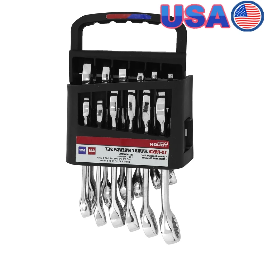 

Durable 12-Piece Stubby Wrench Set Chrome Vanadium Steel Heat Treated Precision Machined Rustproof Easy Storage ANSI Standard