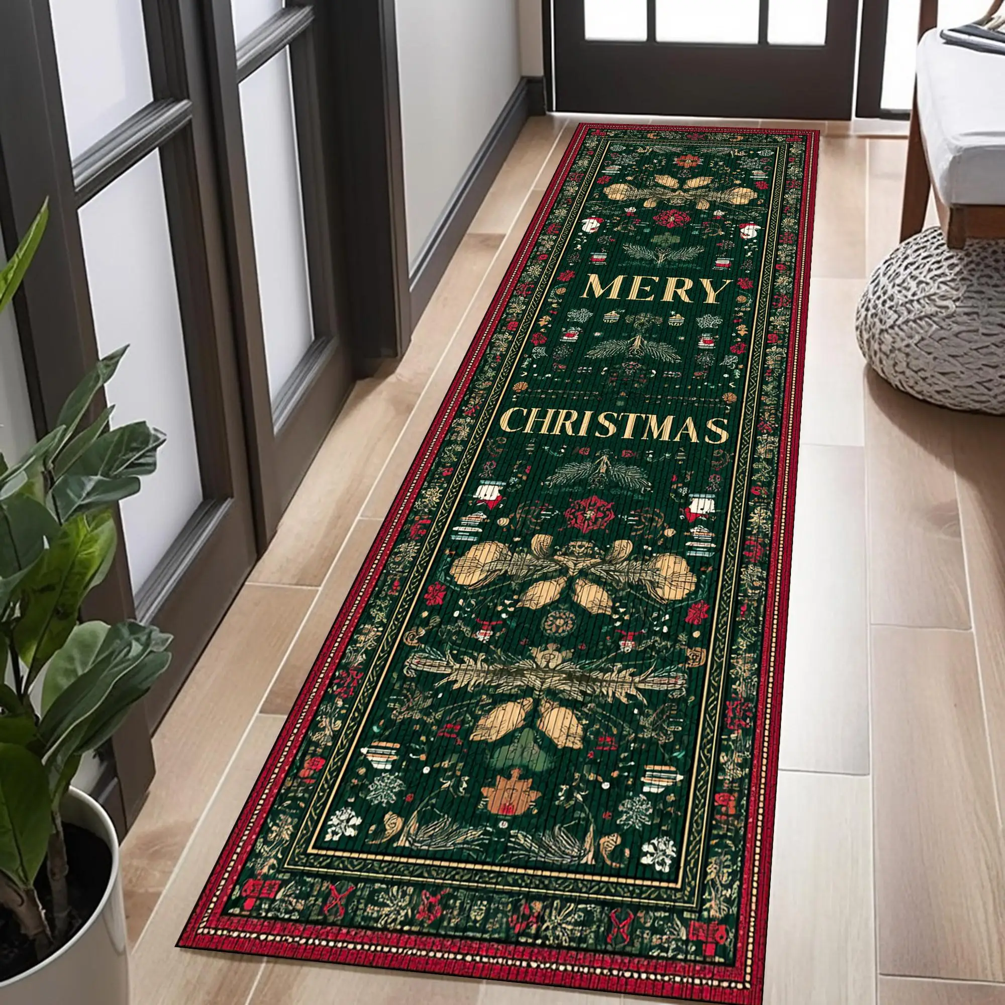 Vintage Christmas Tree Bauble Pine Cone print Runner Rug,Hallway,Kitchen,Bedside,Washable Runner Rug,Christmas Home Present