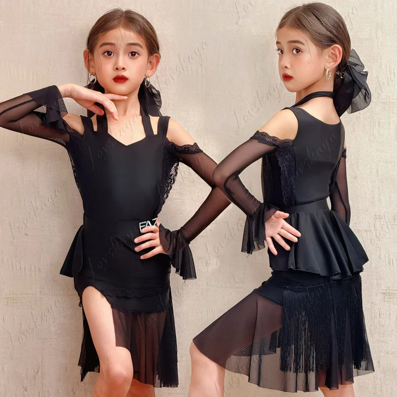 

Latin Dance Suit Women's New National Ballroom Dance Practice Suit Mesh Yarn Fringed Ruffle Leaf Edge Performance Practice Suit