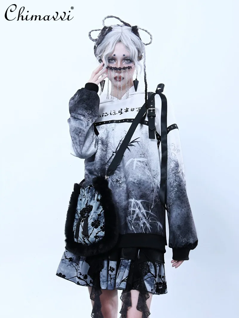 Original Gothic Style Sweet Cool Ink Bamboo Print Leather Buckle Loose Fleece Hooded Sweatshirt Autumn New Long Sleeve Hoodies