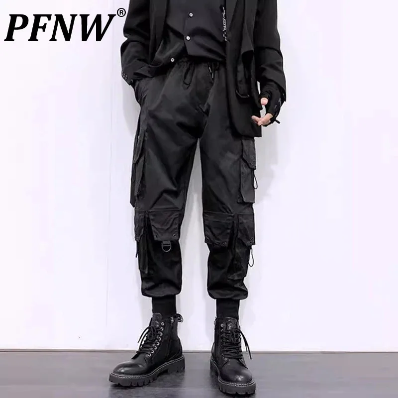 

PFNW Dark Style Men's Casual Pants Straight Binding Leg Solid Color Multi-pockets Drawstring Loose Male Bottom Autumn New 12C804