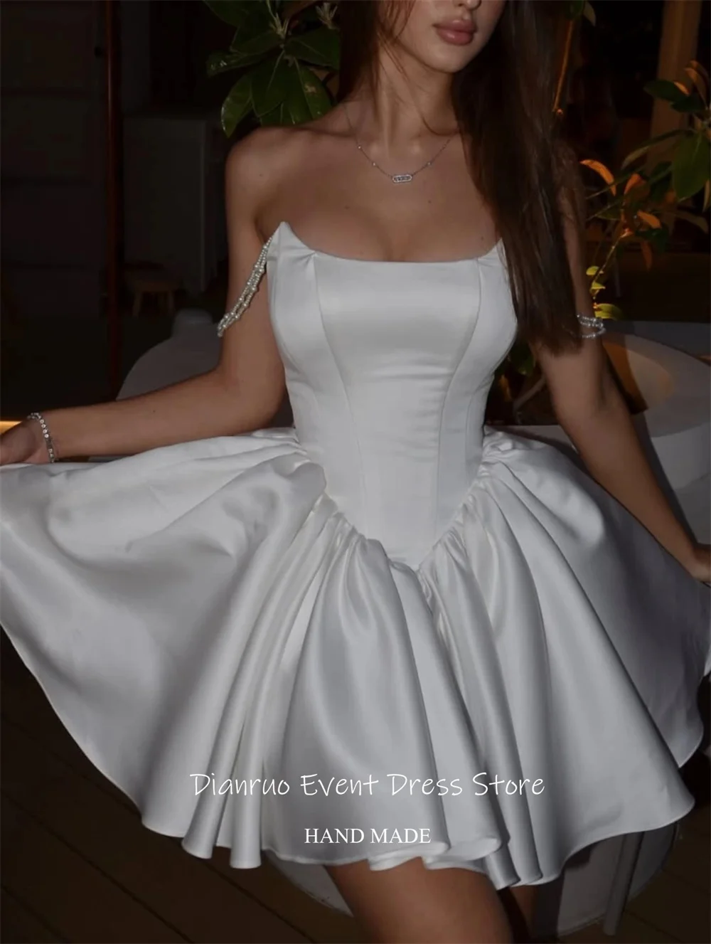 Dianruo Puffy Pearl Straps Satin Prom Dresses Luxury A Line Cocktail Dress Pleated Hem Strapless Homecoming Dresses Customized image 5