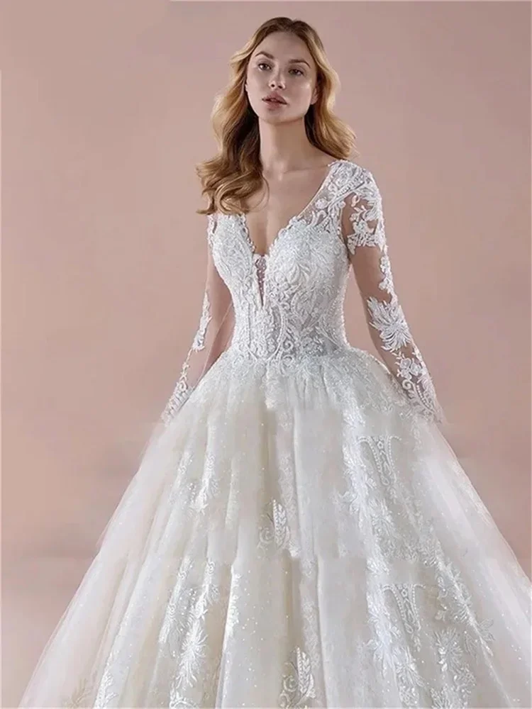 Customzied 2025 Elegant Appliques Wedding Dresses For Women Luxury Long Sleeve Beading Lace Up Gowns Vintage Vestidos De Novia